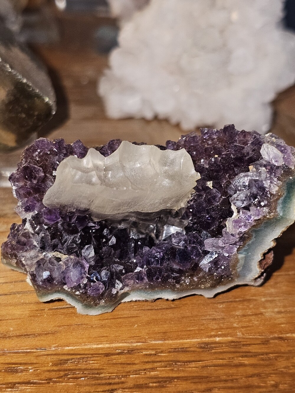 Amethyst Crystal Geode Cluster with Calcite Inclusion And Green Agate